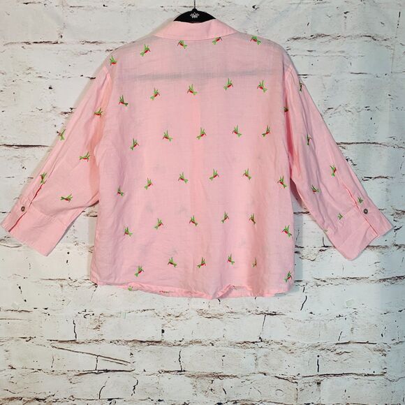 Casey Coleman Pink Embroidered Linen Shirt Large Cottagecore Festival Blouse - Picture 2 of 6
